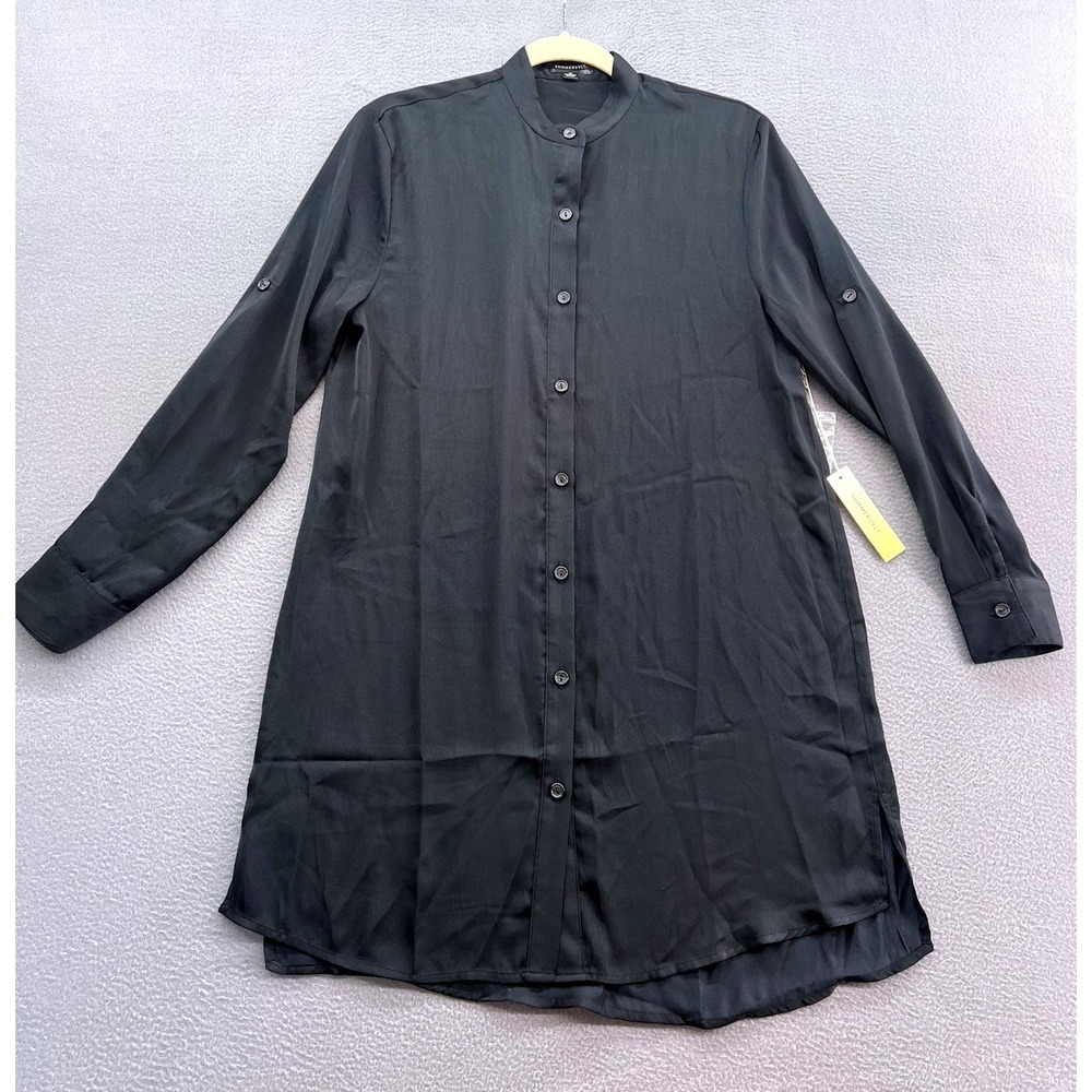 Summersalt Shirt Dress Womens XS Black Button Front Long Sleeve Knee Length